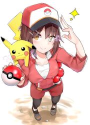 Rule 34 | 1girl, arm up, bad id, bad pixiv id, baseball cap, belt, belt pouch, black eyes, black footwear, blush, breasts, brown eyes, brown hair, closed mouth, collarbone, cosplay, covered navel, creature, creature on shoulder, creatures (company), electricity, eyebrows, female protagonist (pokemon go), female protagonist (pokemon go) (cosplay), furutaka (kancolle), game freak, gen 1 pokemon, hair ornament, hairclip, hat, holding, holding poke ball, jacket, kantai collection, large breasts, leggings, long sleeves, nintendo, on shoulder, pikachu, poke ball, poke ball (basic), pokemon, pokemon go, pouch, red hat, red jacket, red shorts, shoes, short hair, shorts, simple background, sparkle, suzuharu toufu, track jacket, white background