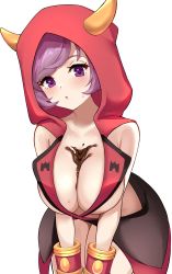 Rule 34 | 1girl, absurdres, alternate breast size, blush, bracelet, breasts, chocolate, commentary request, courtney (pokemon), creatures (company), enishi96, eyelashes, fake horns, game freak, highres, hood, hood up, horns, jewelry, looking at viewer, nintendo, parted lips, pokemon, pokemon oras, purple eyes, purple hair, short hair, simple background, solo, sweat, team magma, team magma uniform, white background