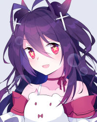 Rule 34 | + +, 1girl, :d, azur lane, bad id, bad pixiv id, hair between eyes, highres, horns, i-168 (azur lane), ieufg, long hair, looking at viewer, open mouth, purple hair, red eyes, simple background, smile, solo, star-shaped pupils, star (symbol), symbol-shaped pupils, upper body, white background