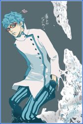 Rule 34 | 1boy, blue theme, ghiaccio, glasses, jojo no kimyou na bouken, long sleeves, male focus, monochrome, pants, red-framed eyewear, shirt, simple background, solo, spot color, striped