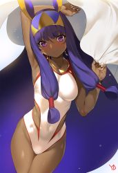 Rule 34 | 1girl, animal ears, arm up, armpits, artist name, bed sheet, blush, breasts, closed mouth, competition swimsuit, covered navel, cowboy shot, dark-skinned female, dark skin, earrings, fate/grand order, fate (series), hair tubes, hairband, highres, hoop earrings, jewelry, long hair, looking at viewer, medium breasts, necklace, nitocris (fate), nitocris (fate/grand order), nitocris (swimsuit assassin) (fate), nitocris (swimsuit assassin) (second ascension) (fate), one-piece swimsuit, purple eyes, purple hair, sheet grab, sidelocks, smile, solo, swimsuit, very long hair, white one-piece swimsuit, wristband, yd (orange maru)