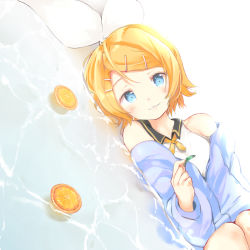 Rule 34 | 1girl, bare shoulders, blonde hair, blouse, blue eyes, blush, bow, dutch angle, food, fruit, hair bow, hair ornament, hairclip, highres, holding, holding leaf, jacket, kagamine rin, leaf, looking at viewer, lying, neck ribbon, on side, open clothes, open jacket, orange (fruit), oyamada gamata, ribbon, sailor collar, shirt, sleeveless, sleeveless shirt, smile, solo, upper body, vocaloid, water, white bow, white shirt