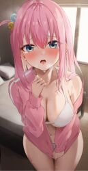 Rule 34 | 1girl, aqua eyes, bed, bikini, bikini under clothes, blush, bocchi the rock!, breasts, cleavage, collarbone, cube hair ornament, furrowed brow, gotoh hitori, hair between eyes, hair ornament, heavy breathing, highres, indoors, jacket, jacket partially removed, jacket tug, large breasts, long hair, looking at viewer, navel, no pants, off shoulder, one side up, open clothes, open jacket, open mouth, pink hair, pink jacket, solo, stomach, sweat, swimsuit, tears, thighs, track jacket, wet, white bikini, window, yamamoto (ymmt is sexy)