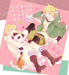 Rule 34 | 1boy, 1girl, :d, blonde hair, blue eyes, boots, brother and sister, casual, copyright name, hair ornament, hairclip, hood, hoodie, hugging object, kagamine len, kagamine rin, kneehighs, open mouth, p0ckylo, panda, short hair, siblings, skirt, smile, socks, song name, striped clothes, striped socks, stuffed animal, stuffed panda, stuffed toy, suki kirai (vocaloid), twins, twintails, vocaloid