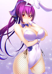 Rule 34 | 1girl, absurdres, animal ears, arm under breasts, bare shoulders, blush, bow, bowtie, breast hold, breasts, cleavage, closed mouth, detached collar, emanon123, fake animal ears, fate/grand order, fate (series), fishnet pantyhose, fishnets, flower, gradient background, hair between eyes, hair ribbon, hand on own cheek, hand on own face, highleg, highleg leotard, highres, hip focus, large breasts, leotard, long hair, looking at viewer, pantyhose, playboy bunny, ponytail, purple bow, purple bowtie, purple flower, purple hair, purple ribbon, purple rose, rabbit ears, red eyes, ribbon, rose, scathach (fate), scathach skadi (fate), solo, thighs, white leotard, wrist cuffs