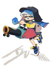 Rule 34 | 1girl, :d, ^ ^, absurdres, bike shorts, black shorts, blue hair, blue tongue, closed eyes, collared shirt, colored tongue, full body, highres, inari1369, ink vac (splatoon), inkling, inkling girl, inkling player character, leg up, long hair, long sleeves, multicolored footwear, multicolored shirt, nintendo, no nose, open mouth, pointy ears, shirt, shoes, shorts, simple background, smile, solo, splatoon (series), splatoon 3, striped clothes, striped shirt, tentacle hair, white background
