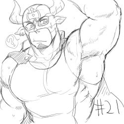 Rule 34 | 1boy, ?, arm up, armpits, bara, blush, facial hair, goatee, greyscale, highres, ikusaba daisuke, large pectorals, male focus, monochrome, muscular, pectorals, short hair, sketch, skin tight, solo, spoken question mark, taurus mask, tight clothes, tokyo houkago summoners, white background, wrestling mask, wrestling outfit, yakisoba ohmori