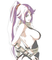 Rule 34 | 1girl, armpits, ass, backless dress, backless outfit, bare shoulders, black dress, bleach, breasts, dark-skinned female, dark skin, dress, hair ornament, highres, large breasts, long hair, looking at viewer, looking back, mitsugu, ponytail, purple hair, scarf, shihouin yoruichi, sideboob, simple background, sketch, solo, white background, white scarf, yellow eyes