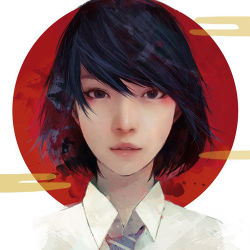 Rule 34 | 1girl, black eyes, black hair, collared shirt, commentary request, expressionless, hair between eyes, lips, looking at viewer, lowres, moon, necktie, original, pink lips, portrait, red moon, shirt, short hair, simple background, solo, striped necktie, striped neckwear, wataboku, white background, white shirt, wing collar