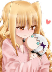 Rule 34 | 1girl, blonde hair, blush, character doll, closed mouth, commentary request, doll, half-closed eyes, heart, highres, holding, holding doll, kohinore, lips, long hair, lyrical nanoha, mahou shoujo lyrical nanoha, mahou shoujo lyrical nanoha a&#039;s, mahou shoujo lyrical nanoha a&#039;s portable: the gears of destiny, lord dearche, pajamas, pink shirt, shirt, smile, solo, yuri eberwein, upper body, white background, yellow eyes