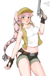 Rule 34 | 1girl, absurdres, alternate costume, baseball cap, beige vest, black ribbon, black shorts, brown eyes, brown gloves, contrapposto, dated, enfield no.2 mk1, fingerless gloves, gloves, gun, hair ribbon, handgun, hat, highres, kantai collection, long hair, looking at viewer, maru (marg0613), pink hair, ponytail, revolver, ribbon, shirt, short shorts, shorts, solo, tank top, torn clothes, torn shorts, twitter username, very long hair, weapon, weapon request, white shirt, yellow hat, yura (kancolle)