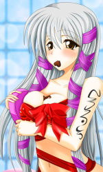 Rule 34 | 1girl, blush, breasts, brown eyes, candy, chocolate, chocolate heart, clair lasbard, food, gift, hair ribbon, heart, long hair, mouth hold, naked ribbon, ribbon, smile, solo, square enix, star ocean, star ocean till the end of time, tress ribbon, white hair, wrapping