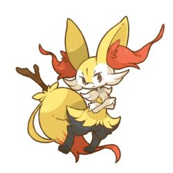 Rule 34 | animal focus, braixen, commentary request, creatures (company), crossed arms, frown, game freak, gen 6 pokemon, holding, holding stick, lowres, nintendo, no humans, pokemon, pokemon (creature), simple background, stick, tail, towa (clonea), v-shaped eyebrows, white background, yellow fur