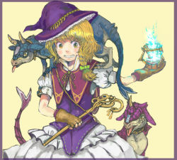 Rule 34 | 1girl, blonde hair, bow, braid, creature, dress, female focus, fingerless gloves, fire, gloves, gogo/tad, grin, hair bow, hat, horns, kirisame marisa, mini-hakkero, rod, short sleeves, smile, solo, touhou, witch, witch hat, yellow eyes