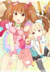 Rule 34 | 2girls, :3, ashino, blush, border, bow, breasts, brown eyes, candy, cleavage, commentary request, dot nose, food, frilled sleeves, frills, futaba anzu, hair bow, idolmaster, idolmaster cinderella girls, lace, lace border, lollipop, long hair, looking at viewer, loose necktie, low twintails, m/, moroboshi kirari, mouth hold, multiple girls, necktie, open mouth, orange eyes, orange hair, orange neckwear, ornate border, outstretched arm, outstretched legs, pink bow, platinum blonde hair, reaching, reaching towards viewer, short sleeves, sitting, stuffed animal, stuffed rabbit, stuffed toy, swirl lollipop, twintails, v-shaped eyebrows, v arms, wrist bow