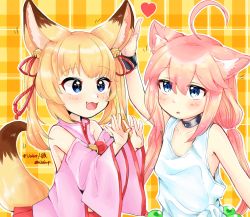 Rule 34 | 2girls, :3, :d, ahoge, animal ear fluff, animal ears, arm up, bad id, bad pixiv id, bell, blonde hair, blue eyes, cat ears, choker, choko omochi, crossover, detached sleeves, fang, fox ears, fox tail, hair bobbles, hair ornament, hand on another&#039;s ear, headpat, highres, hinata channel, japanese clothes, jingle bell, kemomimi oukoku kokuei housou, long hair, low twintails, miko, mikoko (kemomimi oukoku kokuei housou), miniskirt, multiple girls, nekomiya hinata, open mouth, pink hair, pink shirt, red skirt, ribbon, shirt, skirt, smile, tail, twintails, upper body, vest, virtual youtuber, white vest