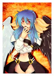 Rule 34 | absurdres, angel wings, arc system works, asymmetrical wings, bare shoulders, blue hair, blush, bow, breasts, choker, detached sleeves, dizzy (guilty gear), guilty gear, hair bow, highres, long hair, mismatched wings, nail polish, navel, open mouth, red eyes, ribbon, solo, thighhighs, underboob, wings