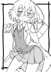 Rule 34 | 1girl, ahoge, arms behind back, blush, closed mouth, commentary request, copyright name, framed, glasses, greyscale, hammer, holding, kagaku chop, lab coat, messy hair, monochrome, pleated skirt, school uniform, short hair, simple background, skirt, smile, solo, standing, suzuzono sai, sweater vest, translation request, white background, zubatto (makoto)