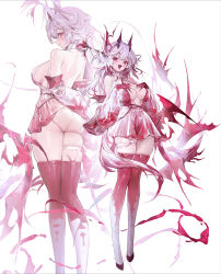 Rule 34 | 1girl, absurdres, agoto, arm behind back, ass, breasts, criss-cross halter, detached sleeves, dress, from behind, full body, grabbing own breast, grey hair, hair between eyes, halterneck, highres, horns, large breasts, long hair, long sleeves, looking at viewer, looking back, low wings, multiple views, open mouth, original, red eyes, red thighhighs, red wings, simple background, skindentation, thigh strap, thighhighs, tongue, tongue out, very long hair, white background, wings