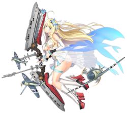 Rule 34 | 1girl, ahoge, anchor symbol, asymmetrical legwear, azur lane, bare shoulders, blonde hair, blue eyes, breasts, centaur (azur lane), detached sleeves, full body, hair ornament, high heels, highres, holding, long hair, looking at viewer, medium breasts, no bra, official art, pointy ears, single thighhigh, smile, solo, thigh strap, thighhighs, tony taka, transparent background, two side up, underboob, uneven legwear