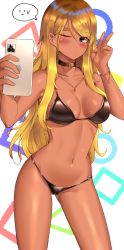 Rule 34 | 1girl, :&gt;, absurdres, bare arms, bare shoulders, bikini, black bikini, black choker, blonde hair, blue eyes, blush, breasts, cameltoe, cellphone, choker, cleavage, clyde s, collarbone, commentary request, contrapposto, cowboy shot, dark-skinned female, dark skin, ear piercing, foreshortening, groin, gyaru, highres, holding, holding phone, huge filesize, idolmaster, idolmaster shiny colors, izumi mei, jewelry, long hair, long neck, looking at viewer, medium breasts, navel, necklace, o-ring, o-ring bikini, o-ring bottom, one eye closed, phone, piercing, smartphone, solo, speech bubble, standing, stomach, swimsuit, v