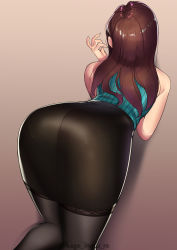 Rule 34 | 1girl, ass, back, bare shoulders, bent over, black skirt, black thighhighs, brown hair, commentary request, facing away, fingernails, from behind, gradient background, highres, kagematsuri, lace, lace-trimmed legwear, lace trim, long fingernails, long hair, original, pantylines, pencil skirt, purple background, simple background, skirt, sleeveless, solo, sweater, thighhighs, twitter username