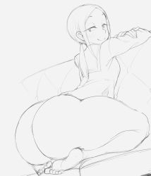 Rule 34 | 1girl, absurdres, blush, bottomless, couch, feet, grey background, highres, houkago teibou nisshi, kneeling, kuroiwa yuuki, long hair, looking back, monochrome, naughty face, seductive smile, sketch, smile, solo, thanuki, thick thighs, thighs