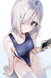 Rule 34 | 1girl, arm support, bare arms, bare shoulders, black eyes, black nails, blue one-piece swimsuit, blush, breasts, cellphone, collarbone, competition swimsuit, hair over one eye, highres, holding, holding phone, looking at viewer, medium breasts, nail polish, nekometaru, one-piece swimsuit, original, parted lips, phone, short hair, silver hair, sitting, smartphone, solo, swimsuit, thighhighs, thighs, wet, white thighhighs