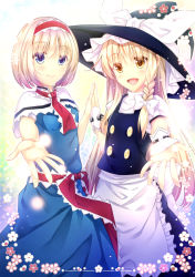 Rule 34 | 2girls, :d, akane hazuki, alice margatroid, apron, asymmetrical hair, belt, black dress, black hat, blonde hair, blue dress, blue eyes, border, bow, braid, brown eyes, buttons, closed mouth, dress, eyebrows, flower, foreshortening, frilled apron, frills, hair bow, hat, hat bow, holding hands, interlocked fingers, kirisame marisa, long hair, looking at viewer, multiple girls, necktie, open mouth, outstretched arm, red necktie, shirt, short hair, single braid, smile, spread fingers, tareme, touhou, waist apron, white apron, white bow, white shirt, witch hat, wrist cuffs