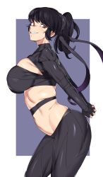Rule 34 | 1girl, black eyes, black hair, breasts, bursting breasts, cowboy shot, highres, kagami kanaka, large breasts, leaning forward, long hair, looking at viewer, mature female, navel, own hands together, parted lips, pointy nose, ponytail, purple background, skindentation, smile, solo, standing, tsugumomo, urec