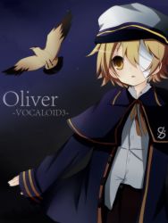 Rule 34 | 1boy, bandages, bandage over one eye, bird, blonde hair, coat, eyepatch, hat, highres, male focus, naokentak, oliver (vocaloid), open mouth, sailor hat, short hair, solo, vocaloid, yellow eyes
