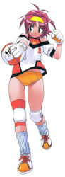 Rule 34 | 1girl, absurdres, ball, blue eyes, buruma, clenched hand, female focus, full body, hairband, highres, holding, holding ball, knee pads, medium hair, midriff peek, numbered, orange buruma, original, playing sports, red hair, scan, shoes, short sleeves, simple background, smile, sneakers, solo, volleyball, volleyball (object), white background, yoshizaki mine