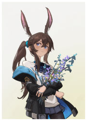 Rule 34 | 1girl, absurdres, amiya (arknights), animal ear fluff, animal ears, arknights, black jacket, black pantyhose, black skirt, blouse, blue eyes, border, brown hair, commentary, cowboy shot, cropped legs, dotr art, eyebrows hidden by hair, flower, green background, hair between eyes, highres, holding, holding flower, jacket, jewelry, light blush, long hair, long neck, looking to the side, miniskirt, multiple rings, off shoulder, pantyhose, parted lips, pleated skirt, ponytail, rabbit ears, ring, shirt, sidelocks, simple background, skirt, solo, two-sided fabric, two-sided jacket, white border, white shirt