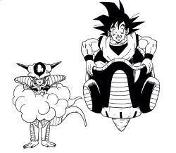Rule 34 | 2boys, alien, annoyed, black eyes, black hair, clenched teeth, commentary request, crossed arms, dougi, dragon ball, flying nimbus, flying vehicle, frieza, frown, greyscale, grin, height difference, highres, horns, lee (dragon garou), looking at another, looking at viewer, male focus, monochrome, multiple boys, serious, short hair, simple background, sitting, smile, son goku, spacecraft, spiked hair, standing, sweatdrop, tail, teeth, white background, wristband