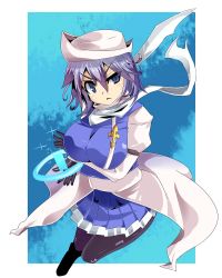 Rule 34 | 1girl, :&lt;, black gloves, black pantyhose, blue background, blue eyes, blue hair, blush, breasts, gloves, hat, highres, ice, letty whiterock, long sleeves, matching hair/eyes, pantyhose, scarf, short hair, skirt, solo, spell card, touhou, vest, white scarf, yet you