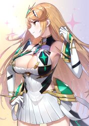 Rule 34 | 1girl, absurdres, bare shoulders, blonde hair, blush, breasts, chest jewel, cleavage, dress, earrings, elbow gloves, gloves, green322, headpiece, highres, jewelry, large breasts, long hair, looking at viewer, mythra (xenoblade), smile, solo, swept bangs, tiara, very long hair, xenoblade chronicles (series), xenoblade chronicles 2, yellow eyes