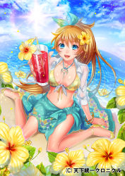 Rule 34 | 1girl, bad id, bad pixiv id, bikini, blue eyes, blue sky, bracelet, breasts, cleavage, cloud, day, drink, flower, front-tie top, glass, happy, hibiscus, jewelry, large breasts, long hair, looking at viewer, matsurika youko, navel, ocean, open mouth, original, pendant, ponytail, sarong, shiny skin, shirt, sitting, sky, smile, solo, swimsuit, tenka touitsu chronicle, tied shirt, wariza, yellow bikini