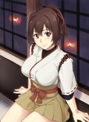 Rule 34 | 10s, 1girl, blush, brown eyes, brown hair, ise (kancolle), japanese clothes, kantai collection, korisei, looking at viewer, ponytail, sitting, smile, solo, window