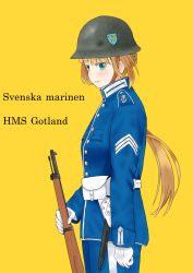 Rule 34 | aqua eyes, belt, belt pouch, blonde hair, blue hat, blue jacket, blue pants, braid, breast pocket, buttons, closed mouth, coat of arms, collared jacket, commentary request, gloves, gotland (warship girls r), gun, hat, helmet, highres, holding, holding weapon, insignia, jacket, knife, long hair, looking to the side, military, military uniform, outline, pants, pocket, ponytail, pouch, rifle, shoulder strap, simple background, smile, solo, strap, swedish text, swedish uniform, tre kronor, uniform, warship girls r, weapon, white belt, white gloves, whiterose tavern, yellow background