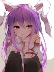 Rule 34 | 1girl, animal ears, black pantyhose, blood, blood on face, breasts, buttons, closed mouth, collared shirt, cuts, hairband, hand on own knee, highres, injury, karasusou nano, long hair, medium breasts, multicolored background, orange eyes, pantyhose, purple hair, rabbit ears, reisen udongein inaba, shirt, sidelocks, solo, torn clothes, torn pantyhose, torn shirt, touhou, two-tone background, white shirt