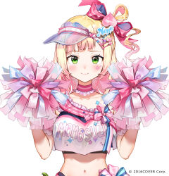 Rule 34 | 1girl, ?, anmi, blonde hair, blush, character name, cheerleader, closed mouth, clothes writing, crop top, gradient hair, green eyes, hair ornament, hair ribbon, heart, heart hair ornament, highres, holding, holding pom poms, hololive, long hair, midriff, momosuzu nene, momosuzu nene (cheerleader), multicolored hair, official art, one side up, pink hair, pom pom (cheerleading), pom poms, ribbon, sideways hat, simple background, smile, solo, upper body, virtual youtuber, visor cap