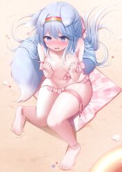 Rule 34 | 1girl, @ @, animal ears, ankle strap, ankleband, arm at side, bare shoulders, barefoot, beach, beach towel, bead anklet, bikini, blue eyes, blue hair, blue tail, blush, bow, bow bikini, breast press, breasts, cherry print, cleavage, clothes grab, commission, covering breasts, covering privates, ears down, embarrassed, eyelashes, fang, flustered, food print, frilled bikini, frills, from above, full body, furrowed brow, gradient hair, hair between eyes, hair ornament, hair spread out, hairband, hairclip, half updo, hand on own knee, heart, heart necklace, honyang, jewelry, knees together feet apart, knees up, leg ribbon, long hair, looking down, multicolored hair, nail polish, navel, necklace, nose blush, on ground, open mouth, original, outdoors, pink bikini, pink bow, pink ribbon, plaid, plaid bikini, plaid towel, rainbow hairband, ribbon, ring, saliva, sand, shell, shoulder blush, sidelocks, sitting, small breasts, solo, swept bangs, swimsuit, tail, tearing up, thigh ribbon, thigh strap, toe ring, toenail polish, toenails, towel, untied bikini, very long hair, wardrobe malfunction, wavy mouth, yellow nails