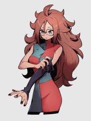 Rule 34 | 1girl, adjusting clothes, android 21, blue eyes, breasts, checkered clothes, checkered dress, dragon ball, dragon ball fighterz, dress, earrings, glasses, grey background, hoop earrings, jewelry, kemachiku, long hair, looking down, medium breasts, red hair, simple background, solo