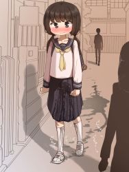 Rule 34 | 1girl, backpack, bag, black eyes, blue sailor collar, blue skirt, blush, brown hair, clenched hands, closed mouth, collarbone, cross-laced footwear, crying, crying with eyes open, embarrassed, female focus, flat chest, full body, hair tie, highres, kneehighs, long hair, long sleeves, neckerchief, nose blush, original, outdoors, partially colored, pee, pee stain, pee trail, peeing, peeing self, people, pleated skirt, puddle, sailor collar, school uniform, serafuku, shadow, shirt, shoes, sidelocks, skirt, socks, solo focus, standing, tawasiupa, tears, twintails, walking, water drop, wet, wet clothes, white footwear, white shirt, white socks, yellow neckerchief