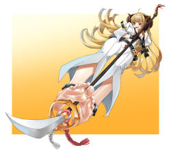 Rule 34 | 1girl, anila (granblue fantasy), ankh necklace, barefoot, belt, black gloves, blonde hair, blush, bodysuit, border, breasts, cleavage, cosplay, draph, eiji (eiji), feet, front slit, gloves, granblue fantasy, granblue fantasy versus: rising, guilty gear, guilty gear strive, highres, holding, holding polearm, holding weapon, horns, jack-o&#039; valentine, jack-o&#039; valentine (cosplay), large breasts, long hair, open mouth, polearm, sheep girl, sheep horns, solo, spear, weapon, white bodysuit, white border