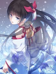 Rule 34 | 1girl, black hair, blue eyes, detached sleeves, from side, hair ornament, japanese clothes, kimono, long hair, looking at viewer, looking back, original, parted lips, ponytail, see-through, solo, yasuno (airy light)