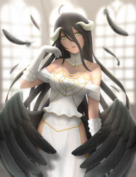 Rule 34 | 1girl, albedo (overlord), bare shoulders, bird wings, black hair, black wings, breasts, demon horns, dress, elbow gloves, feathers, gloves, highres, hip vent, horns, long hair, looking at viewer, overlord (maruyama), siraha, solo, very long hair, white dress, white gloves, wings, yellow eyes