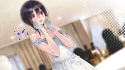 Rule 34 | 1girl, :o, black hair, blue eyes, blurry, blurry background, blush, breasts, cleavage, collarbone, dress, dsmile, dutch angle, game cg, gloves, hair between eyes, hayahoshi akuru, off-shoulder dress, off shoulder, open mouth, oshi no love yori koi no love, short hair, small breasts, solo, standing, straight hair, wedding dress, white dress, white gloves