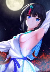 Rule 34 | 1girl, arm behind head, arm up, armpits, bare shoulders, black hair, blue eyes, blush, breasts, closed mouth, dress, fate/grand order, fate/requiem, fate (series), flower, full moon, hiziriamane, jewelry, large breasts, long sleeves, looking at viewer, magatama, magatama hair ornament, medium hair, moon, multicolored hair, necklace, night, night sky, pink hair, puffy long sleeves, puffy sleeves, seigaiha, short dress, sideboob, sideless outfit, sky, star (sky), starry sky, streaked hair, utsumi erice, white dress