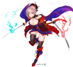 Rule 34 | 1girl, asymmetrical hair, bare shoulders, black thighhighs, blue eyes, breasts, cleavage, detached sleeves, dual wielding, earrings, fate/grand order, fate (series), full body, hair ornament, highres, holding, japanese clothes, jewelry, katana, kimono, large breasts, leg up, long sleeves, looking at viewer, magatama, mhg (hellma), miyamoto musashi (fate), miyamoto musashi (third ascension) (fate), navel, panties, pantyshot, pink hair, sheath, simple background, solo, sword, thighhighs, thighs, underwear, unsheathed, weapon, white background, white panties